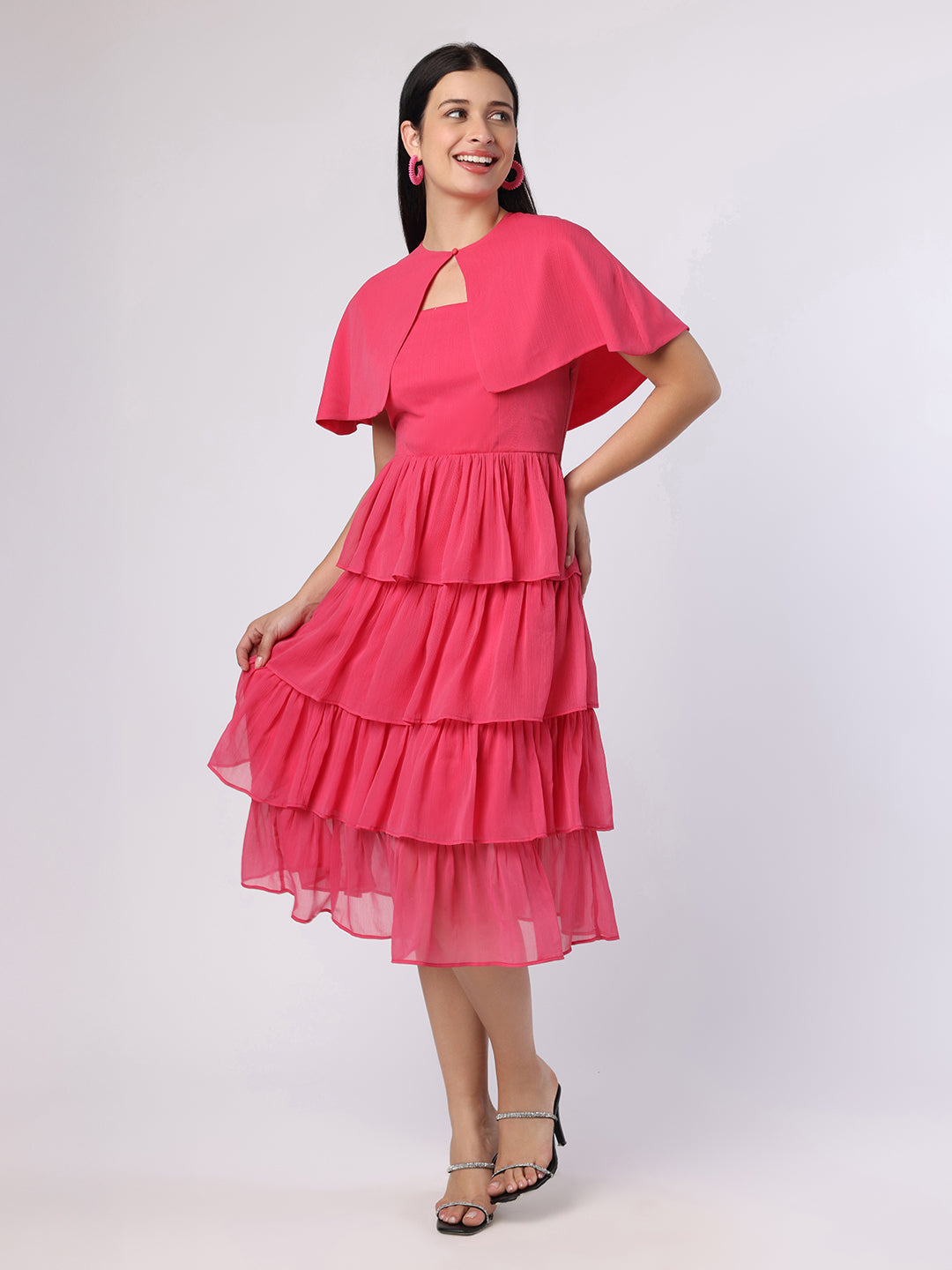 Blanc9 Fuchsia Pink Tiered Dress With Cape