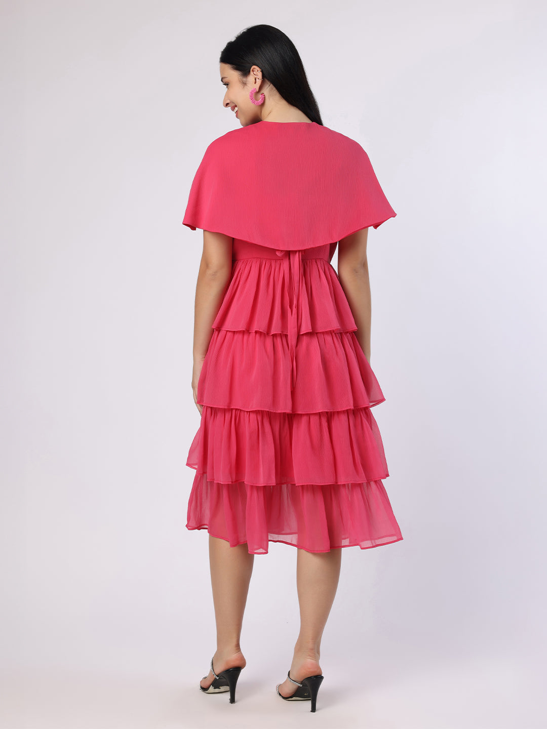 Fuchsia Pink Tiered Dress With Cape