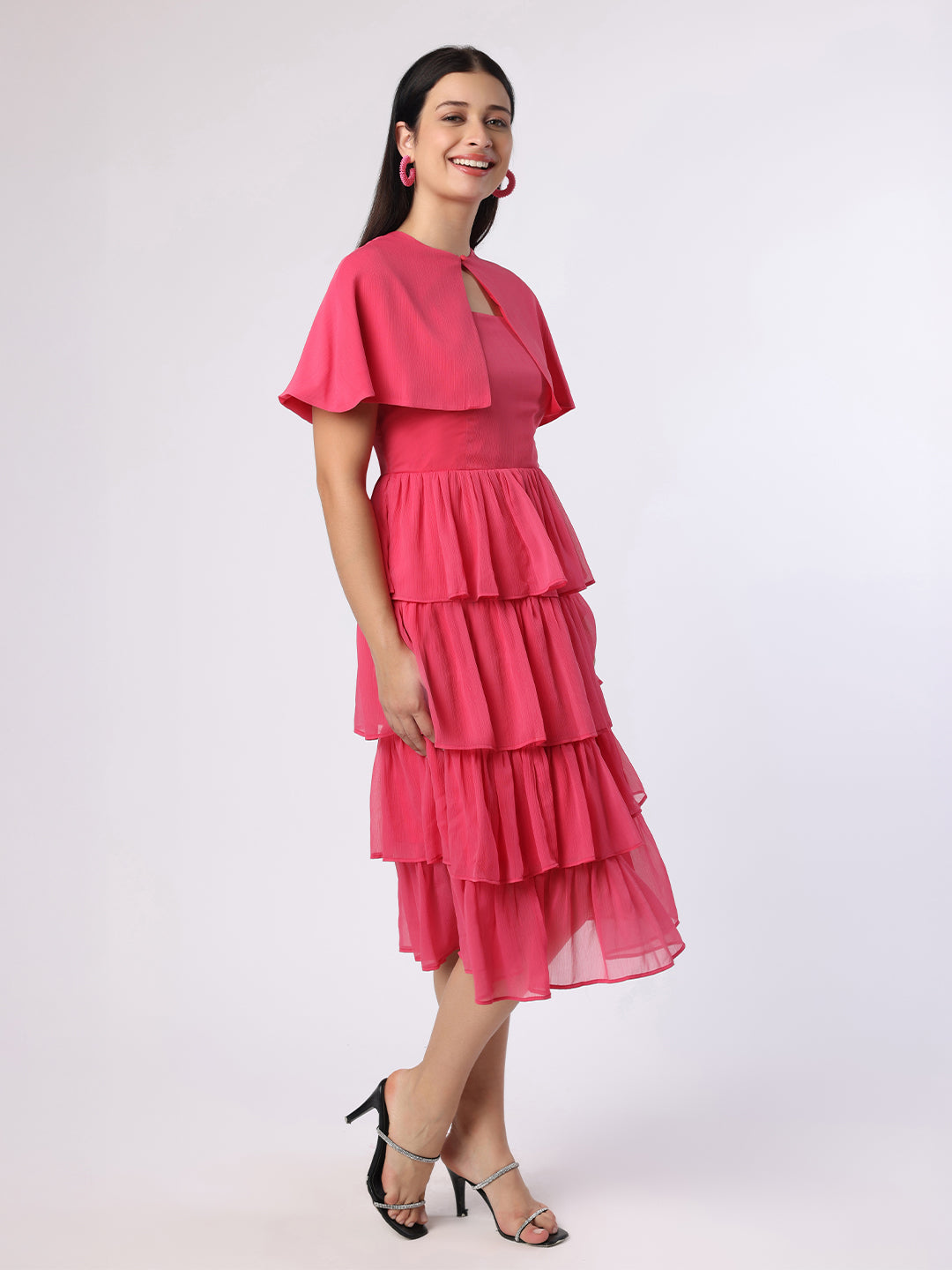 Blanc9 Fuchsia Pink Tiered Dress With Cape