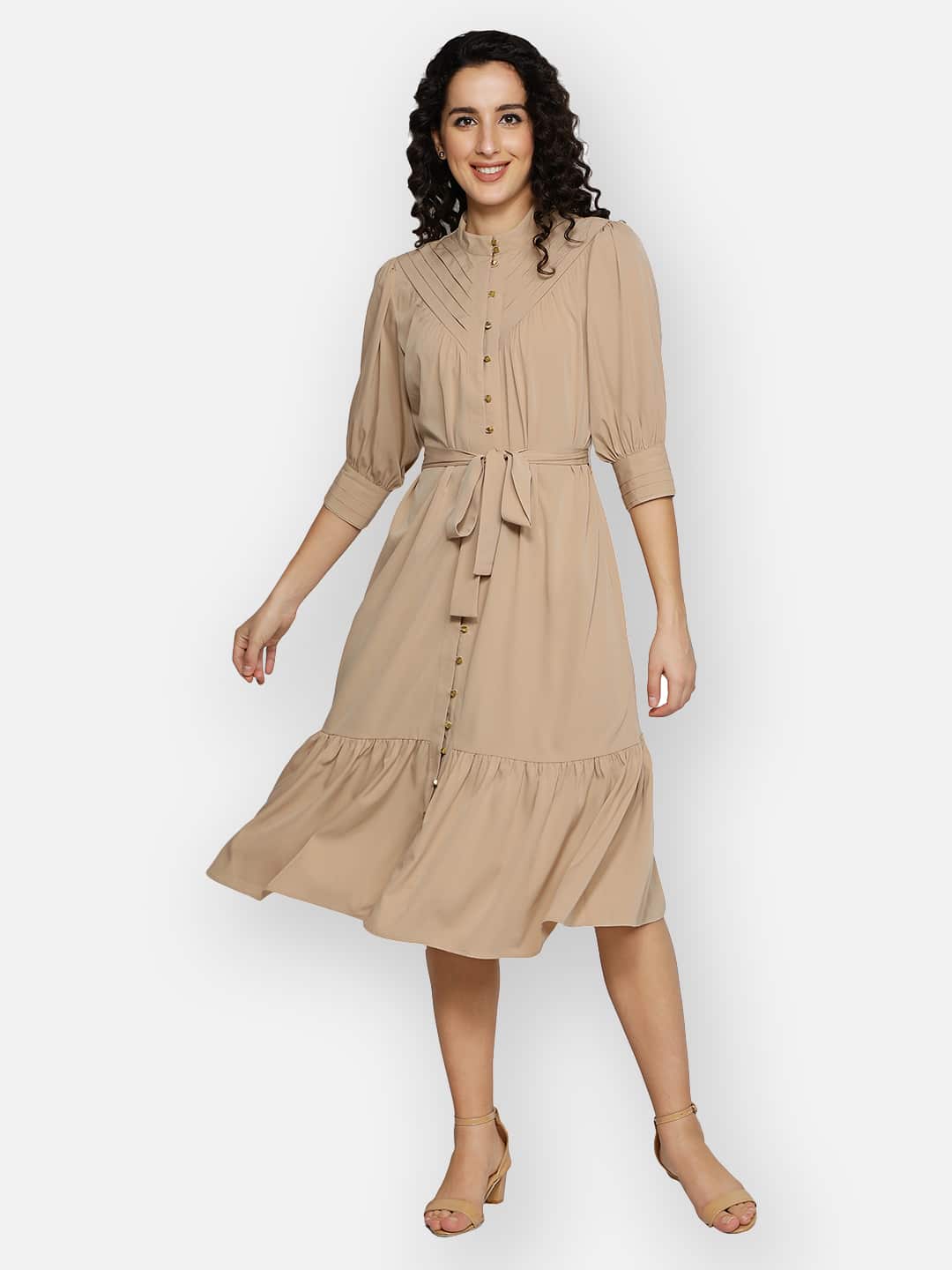 Blanc9 Gold Button Beige Dress