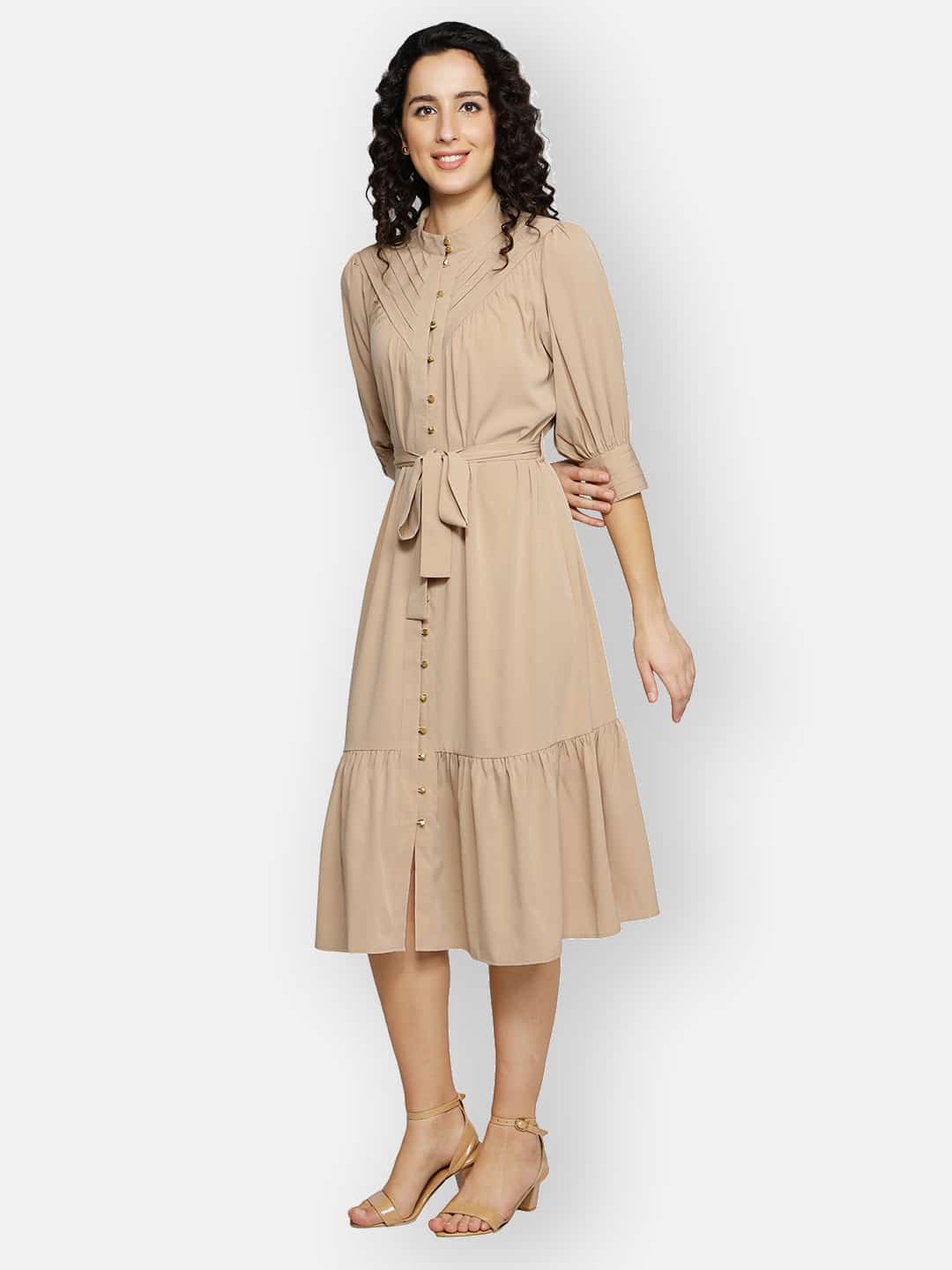 Blanc9 Gold Button Beige Dress