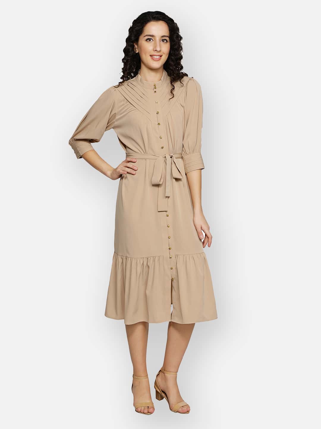Blanc9 Gold Button Beige Dress