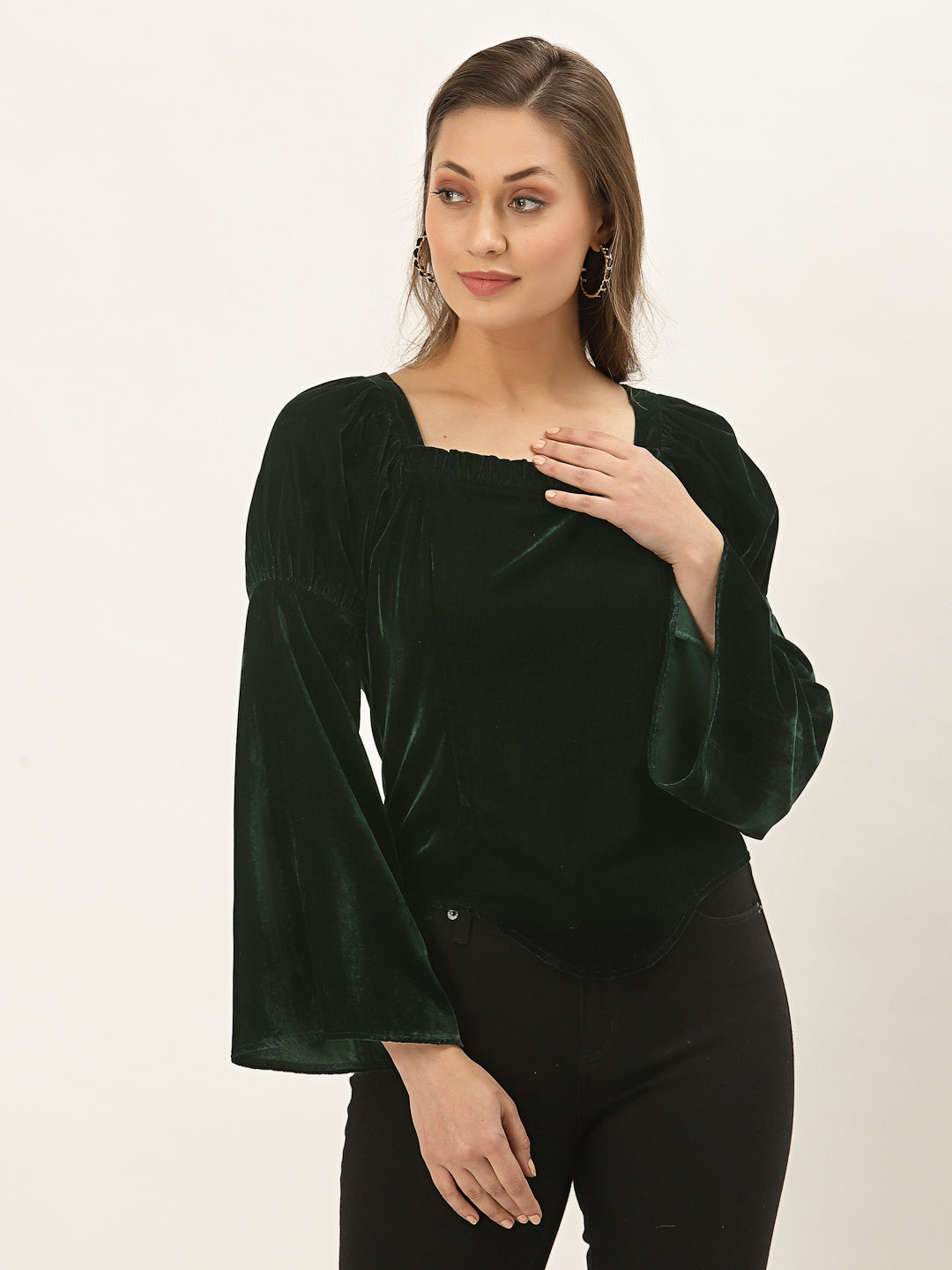 Blanc9 Green Belle Sleeve Velvet Top-B9TP100C