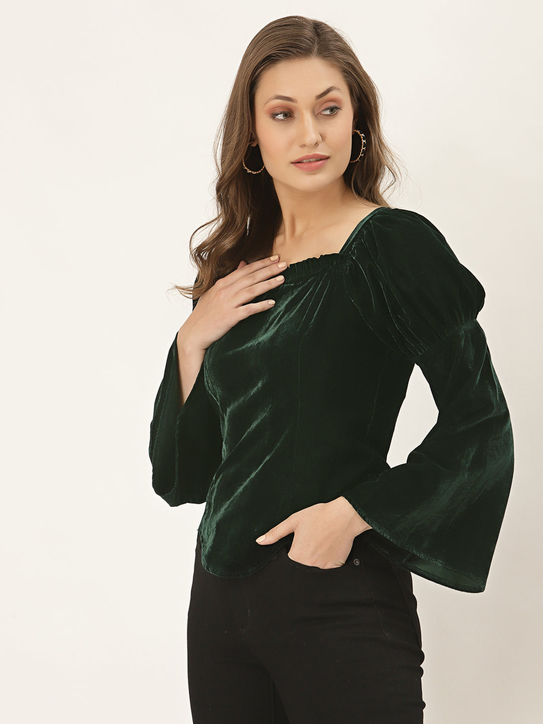 Blanc9 Green Belle Sleeve Velvet Top-B9TP100C