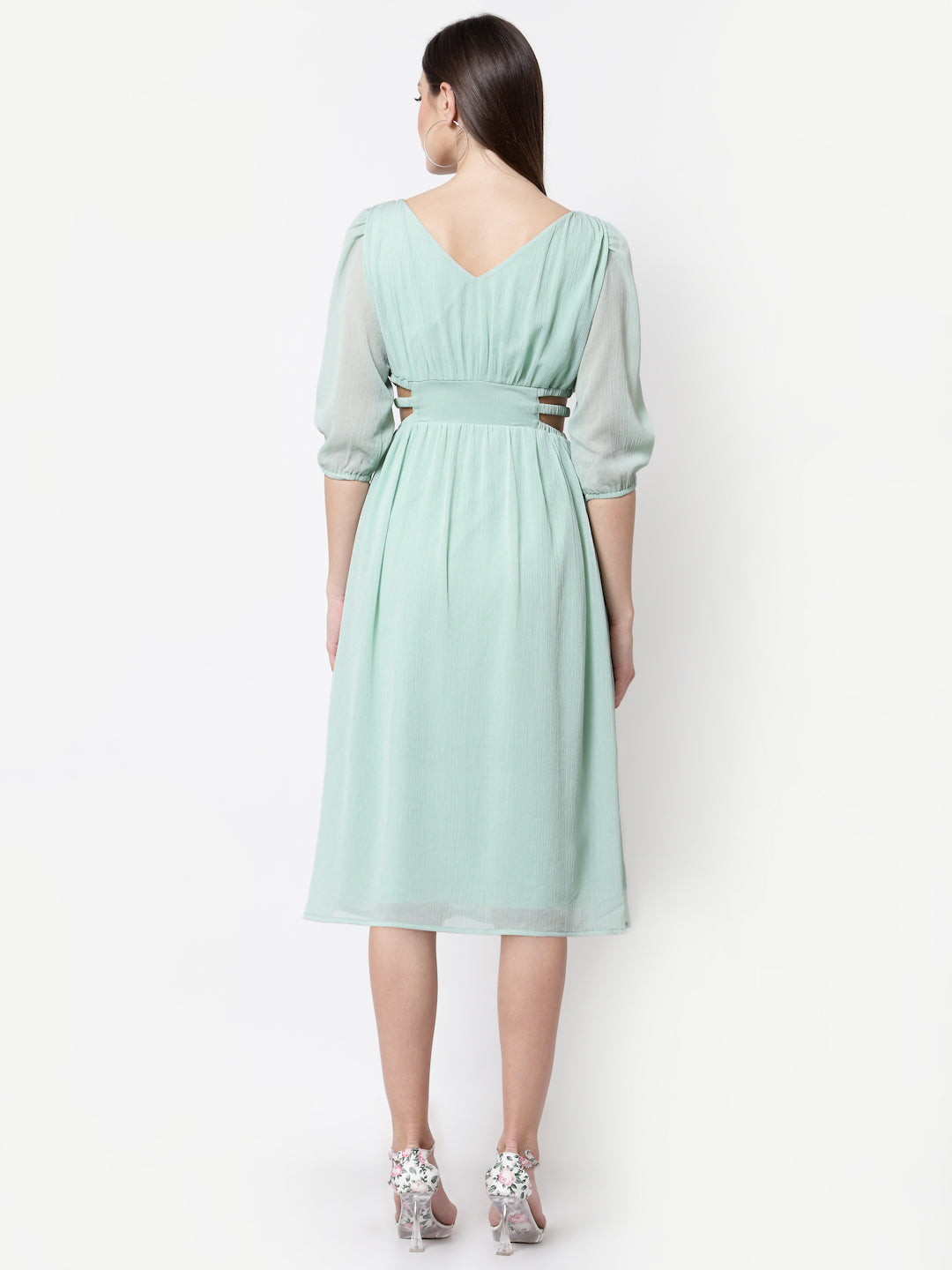 Blanc9 Green Chiffon Cutout Flared Dress-B9DR85