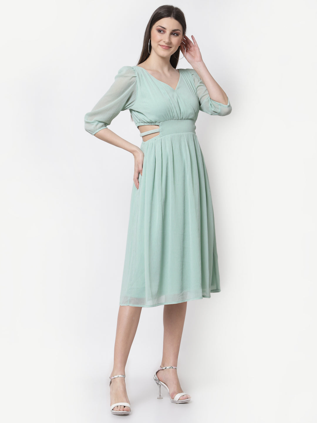 Blanc9 Green Chiffon Cutout Flared Dress-B9DR85