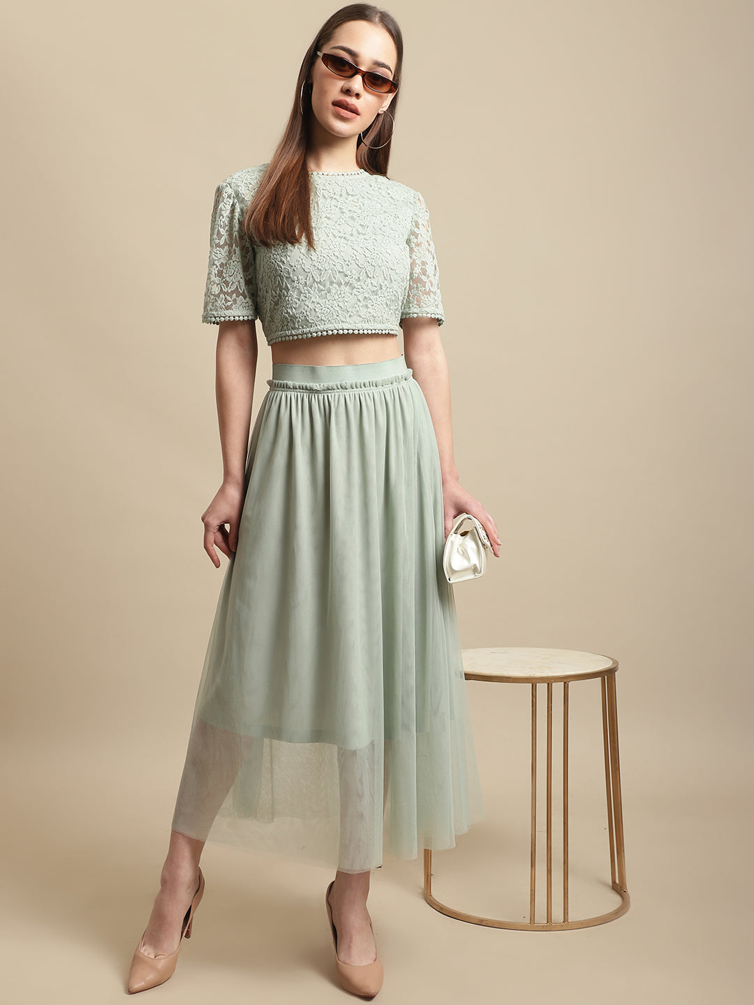 Blanc9 Green Lacy Top with Mesh Skirt Co-ord Set-B9ST117