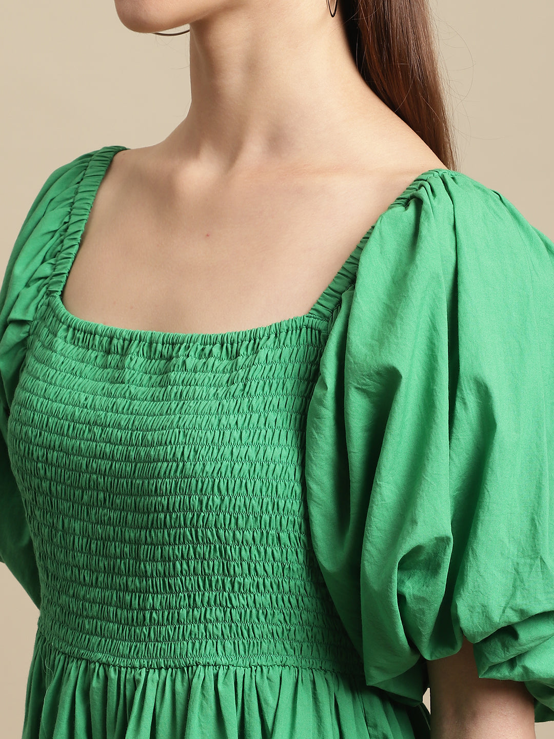 Blanc9 Green Melon Sleeve Cotton Flared Dress-B9DR145