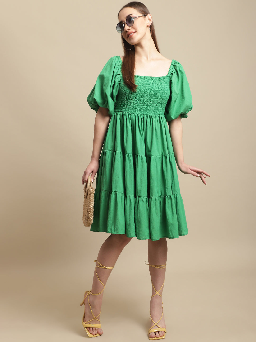 Green Melon Sleeve Cotton Flared Dress Green Melon Sleeve Cotton Flared Dress