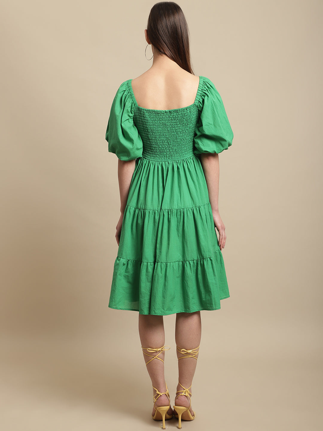 Blanc9 Green Melon Sleeve Cotton Flared Dress-B9DR145