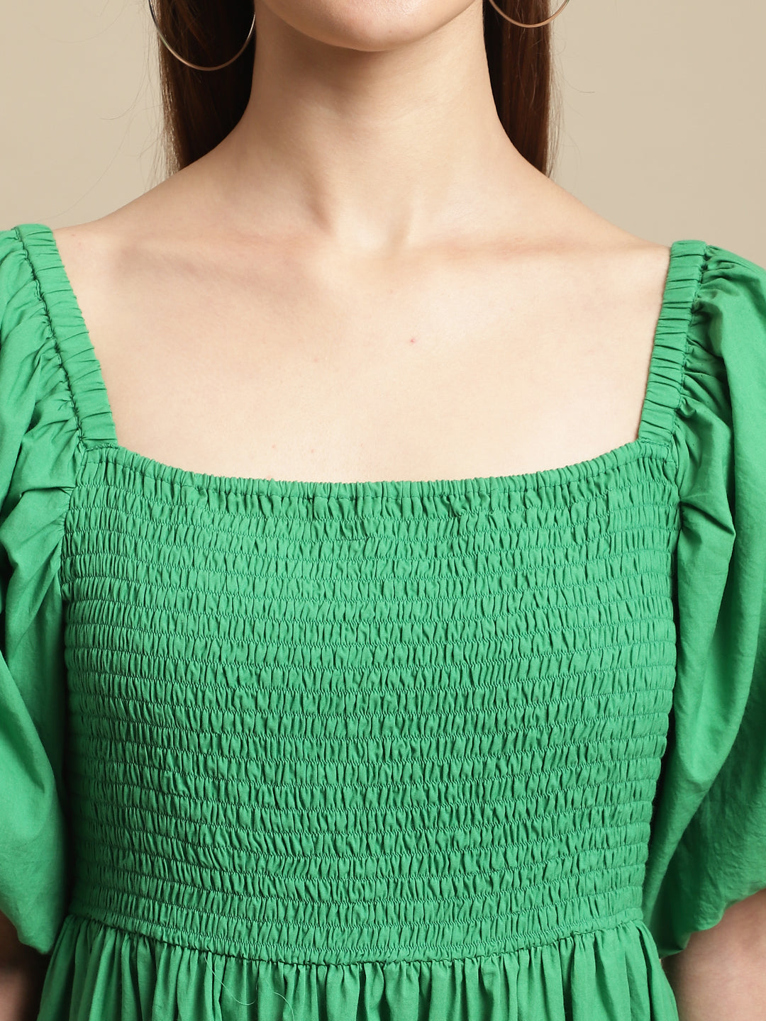 Blanc9 Green Melon Sleeve Cotton Flared Dress-B9DR145