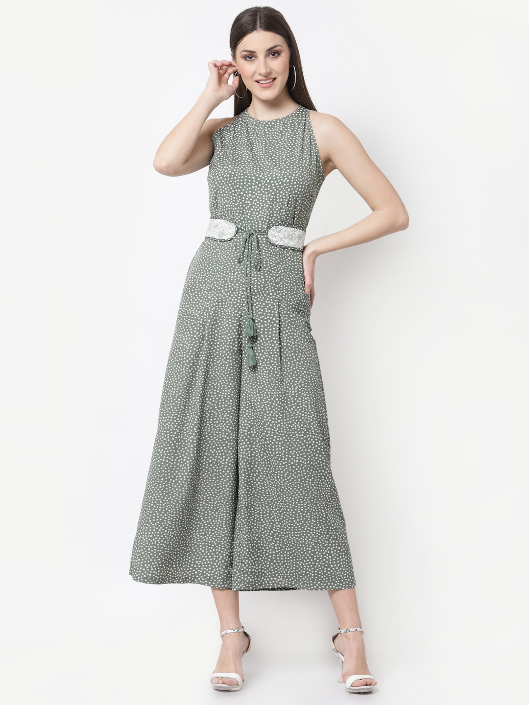 Blanc9 Green Polka Printed Jumpsuit With Quilted Belt-B9DR91