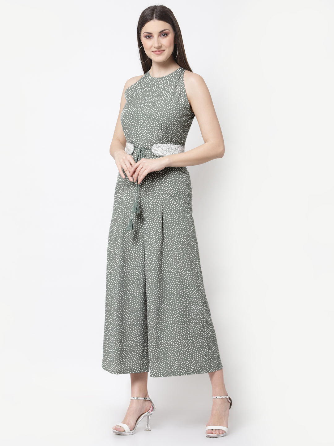 Blanc9 Green Polka Printed Jumpsuit With Quilted Belt-B9DR91