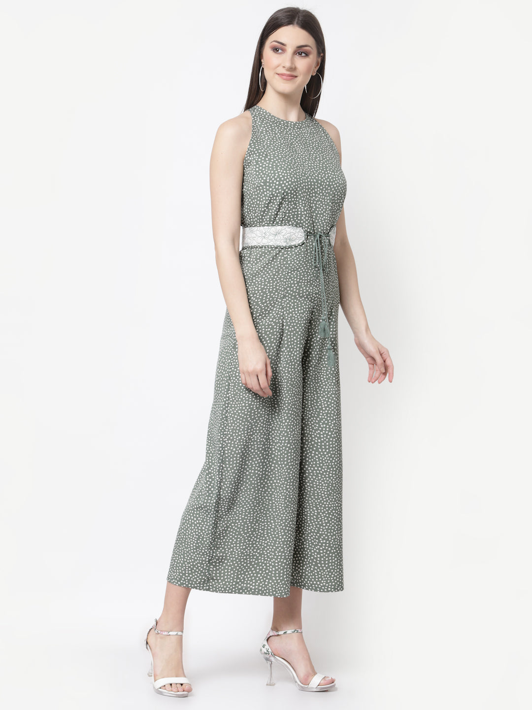 Blanc9 Green Polka Printed Jumpsuit With Quilted Belt-B9DR91