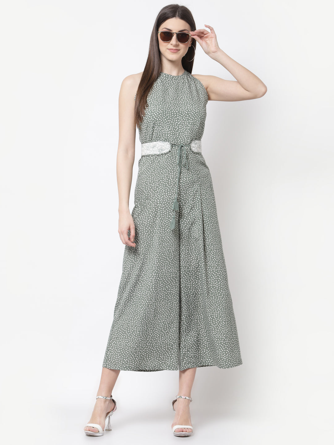 Blanc9 Green Polka Printed Jumpsuit With Quilted Belt-B9DR91