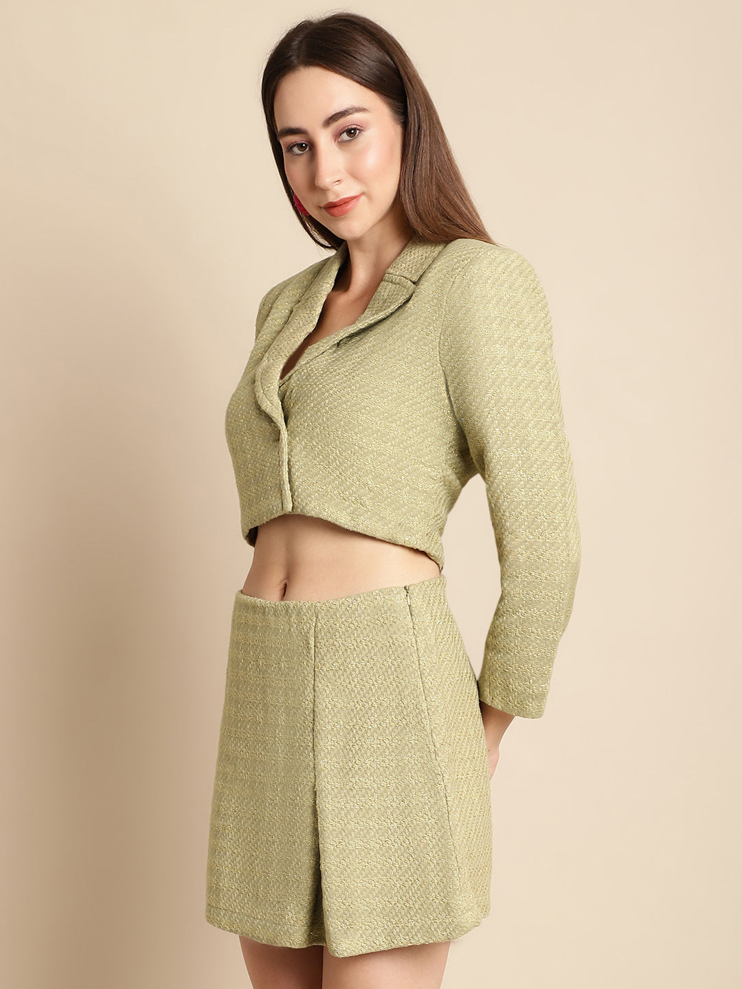 Blanc9 Green Short Blazer With Skirt Co-Ord Set