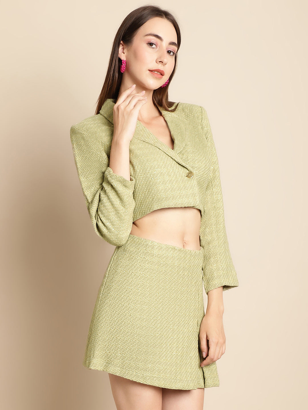 Blanc9 Green Short Blazer With Skirt Co-Ord Set
