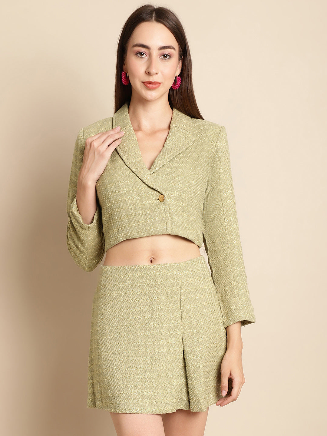 Blanc9 Green Short Blazer With Skirt Co-Ord Set