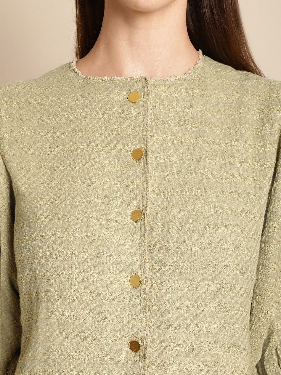 Blanc9 Green Tweed Puffed Sleeve Dress