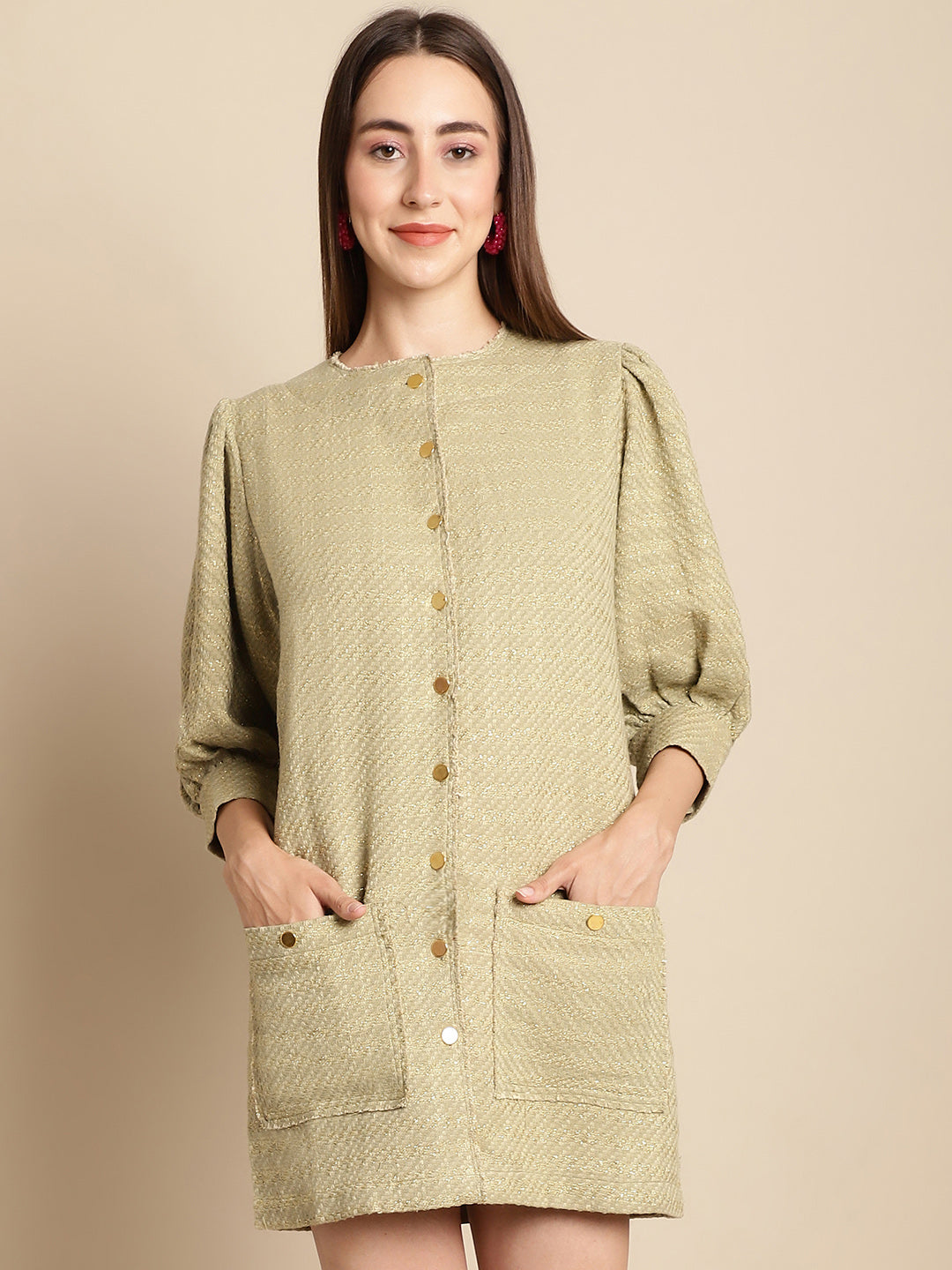 Blanc9 Green Tweed Puffed Sleeve Dress