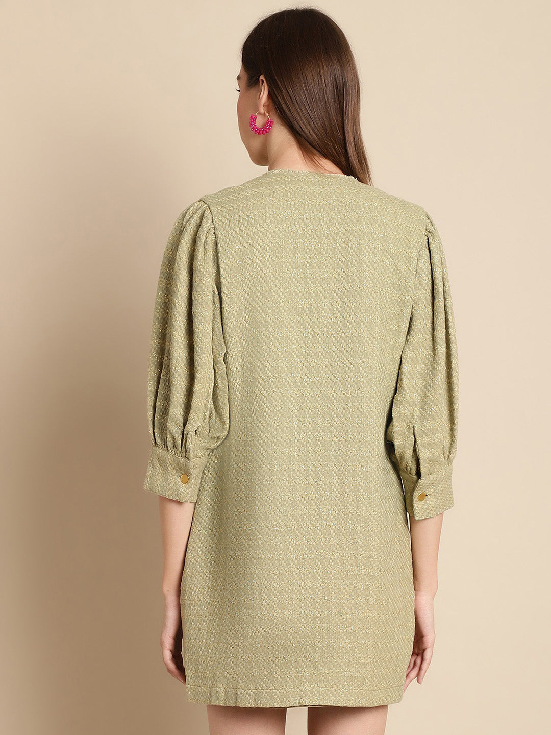 Blanc9 Green Tweed Puffed Sleeve Dress