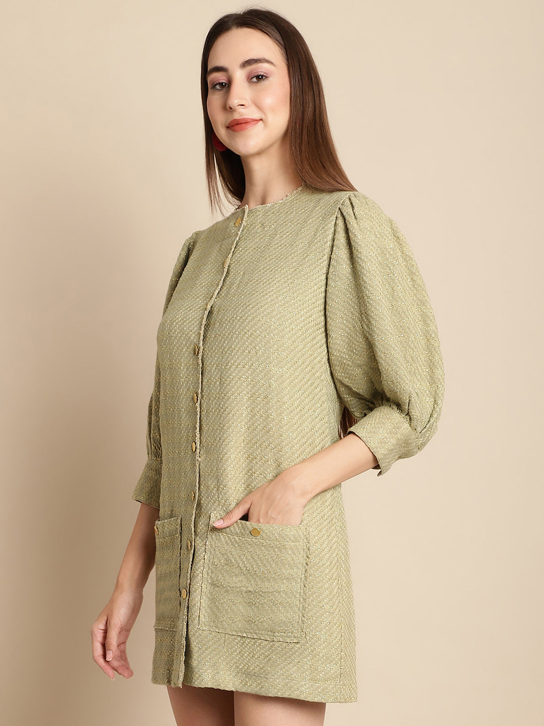 Blanc9 Green Tweed Puffed Sleeve Dress