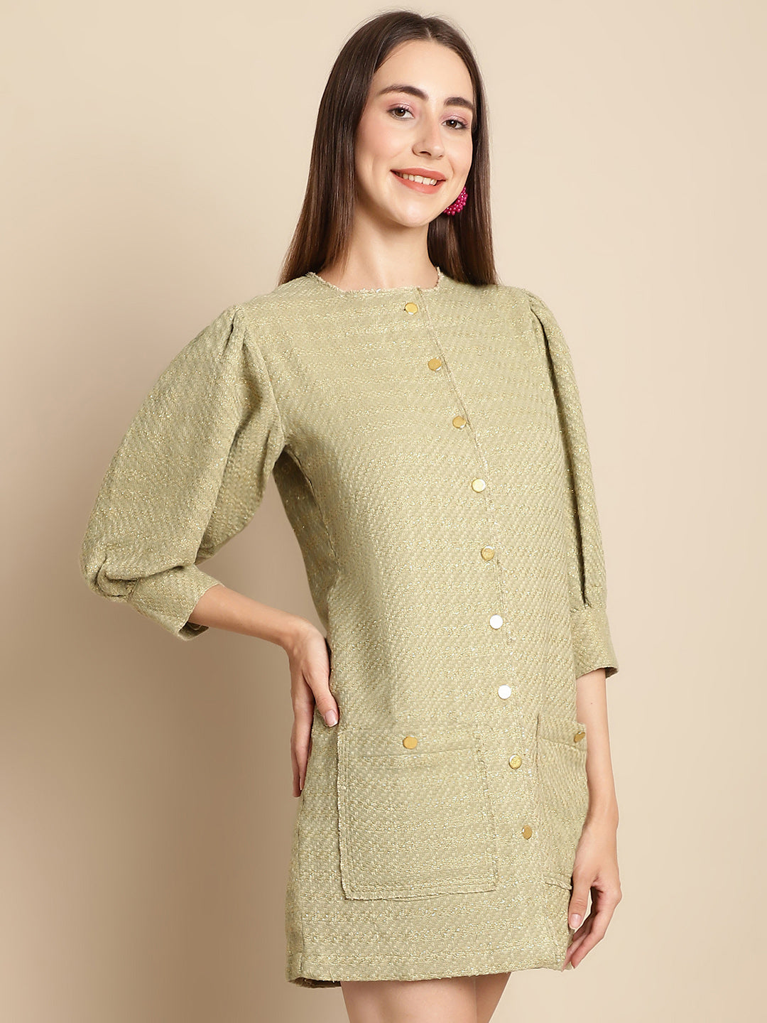 Blanc9 Green Tweed Puffed Sleeve Dress