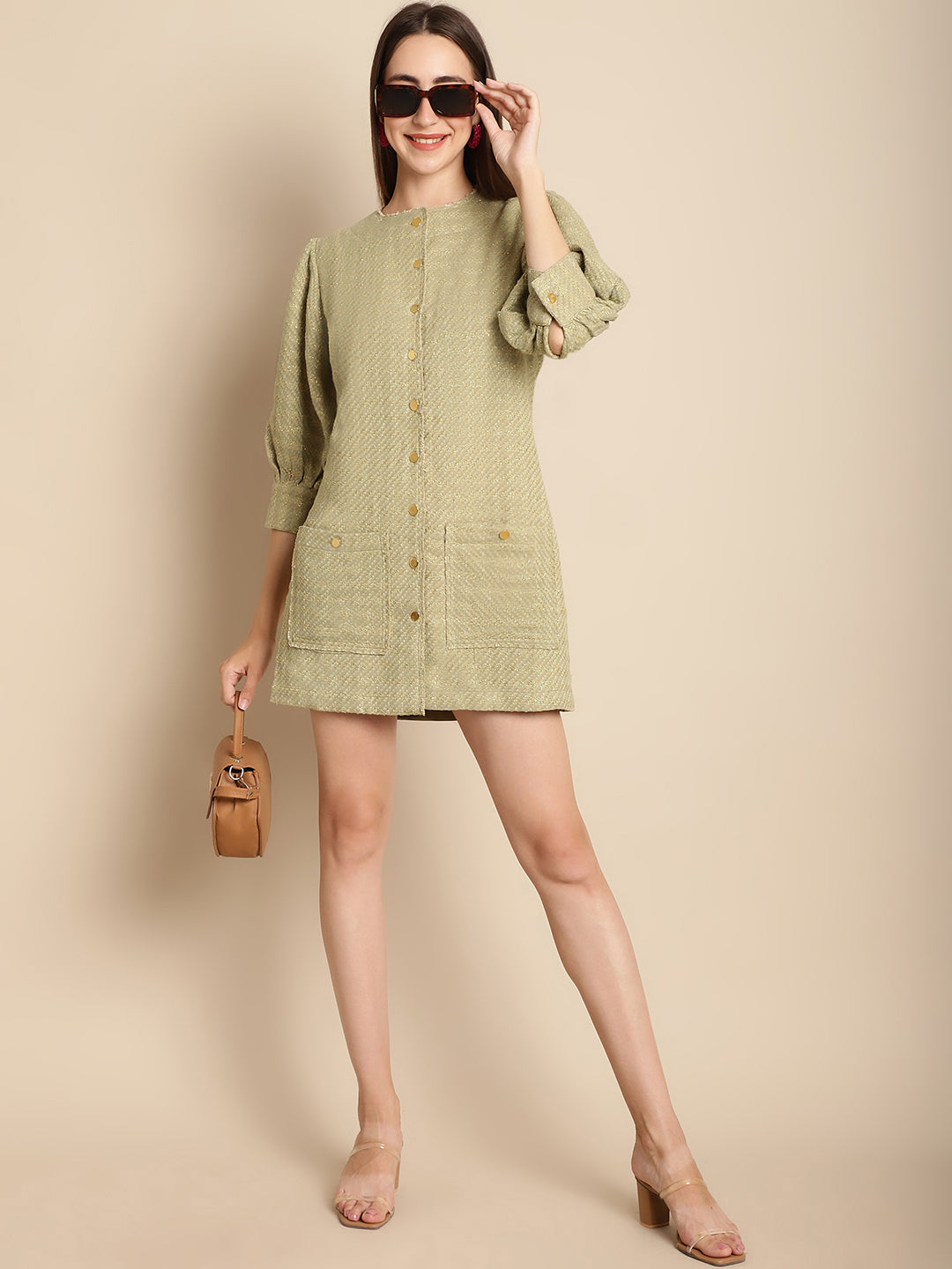 Blanc9 Green Tweed Puffed Sleeve Dress