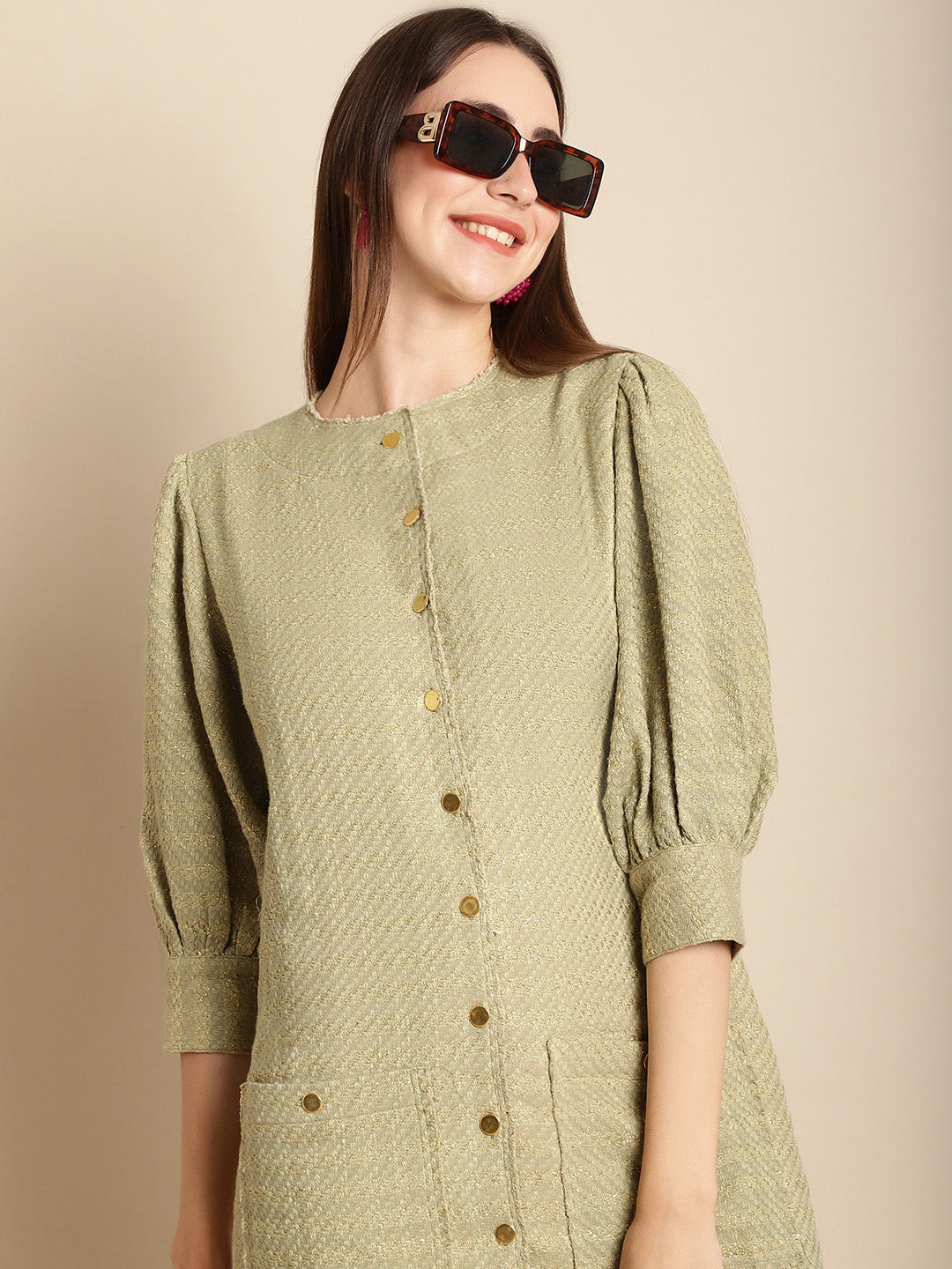 Blanc9 Green Tweed Puffed Sleeve Dress