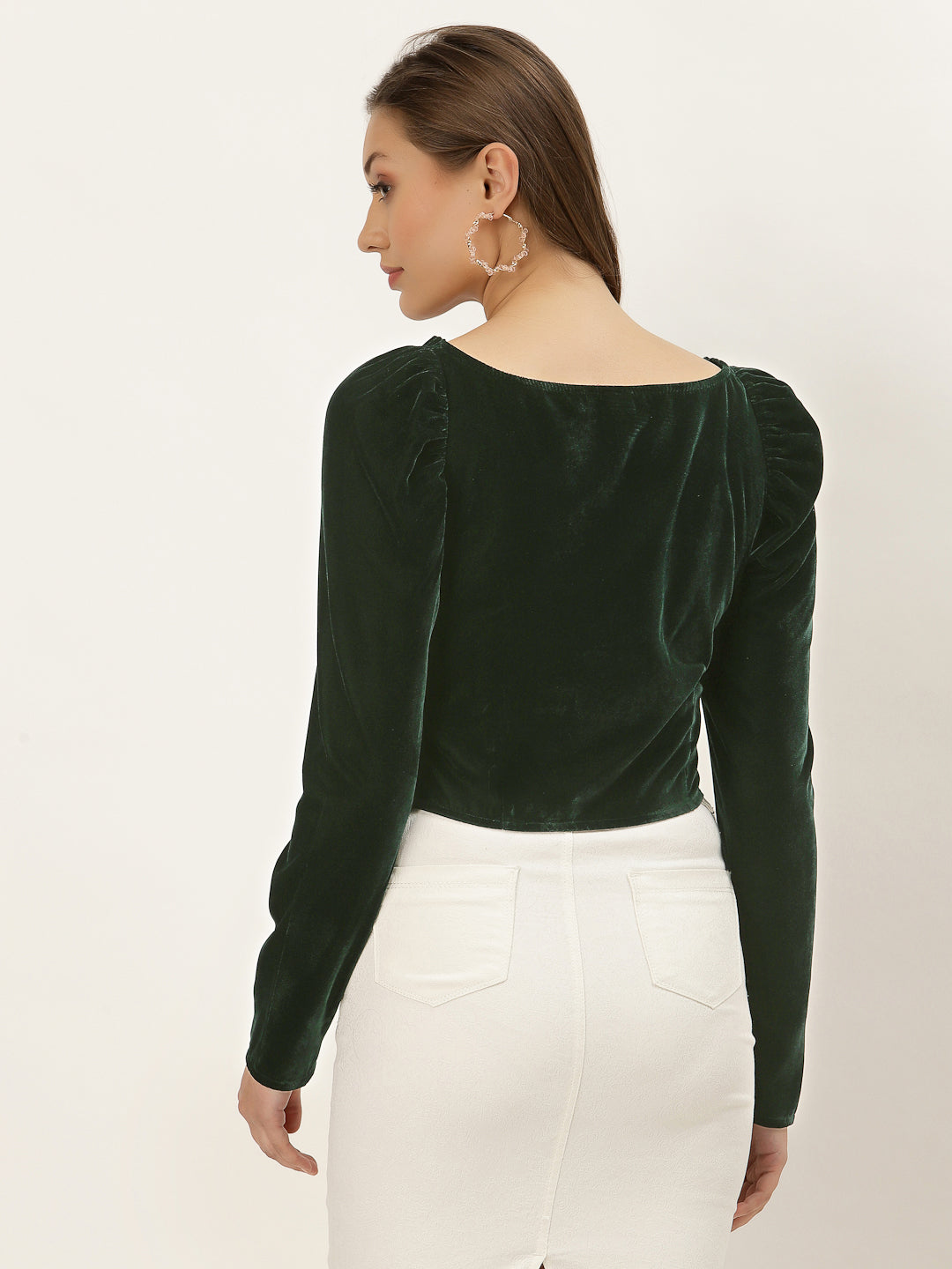 Blanc9 Green Velvet Puffed Sleeve Top-B9TP131B