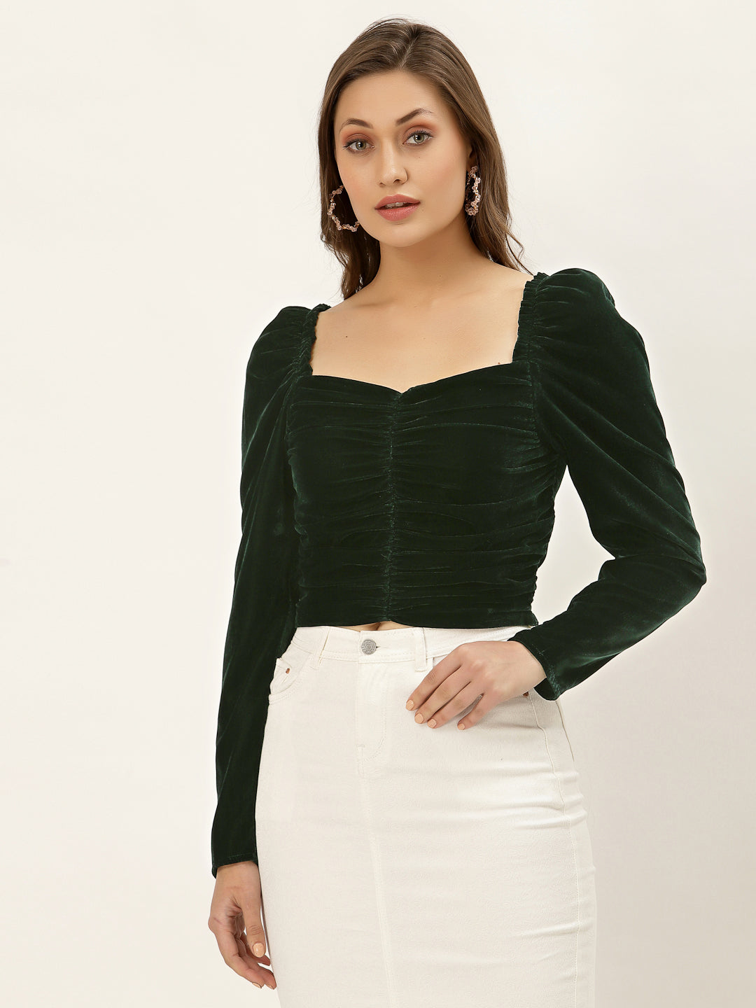 Blanc9 Green Velvet Puffed Sleeve Top-B9TP131B