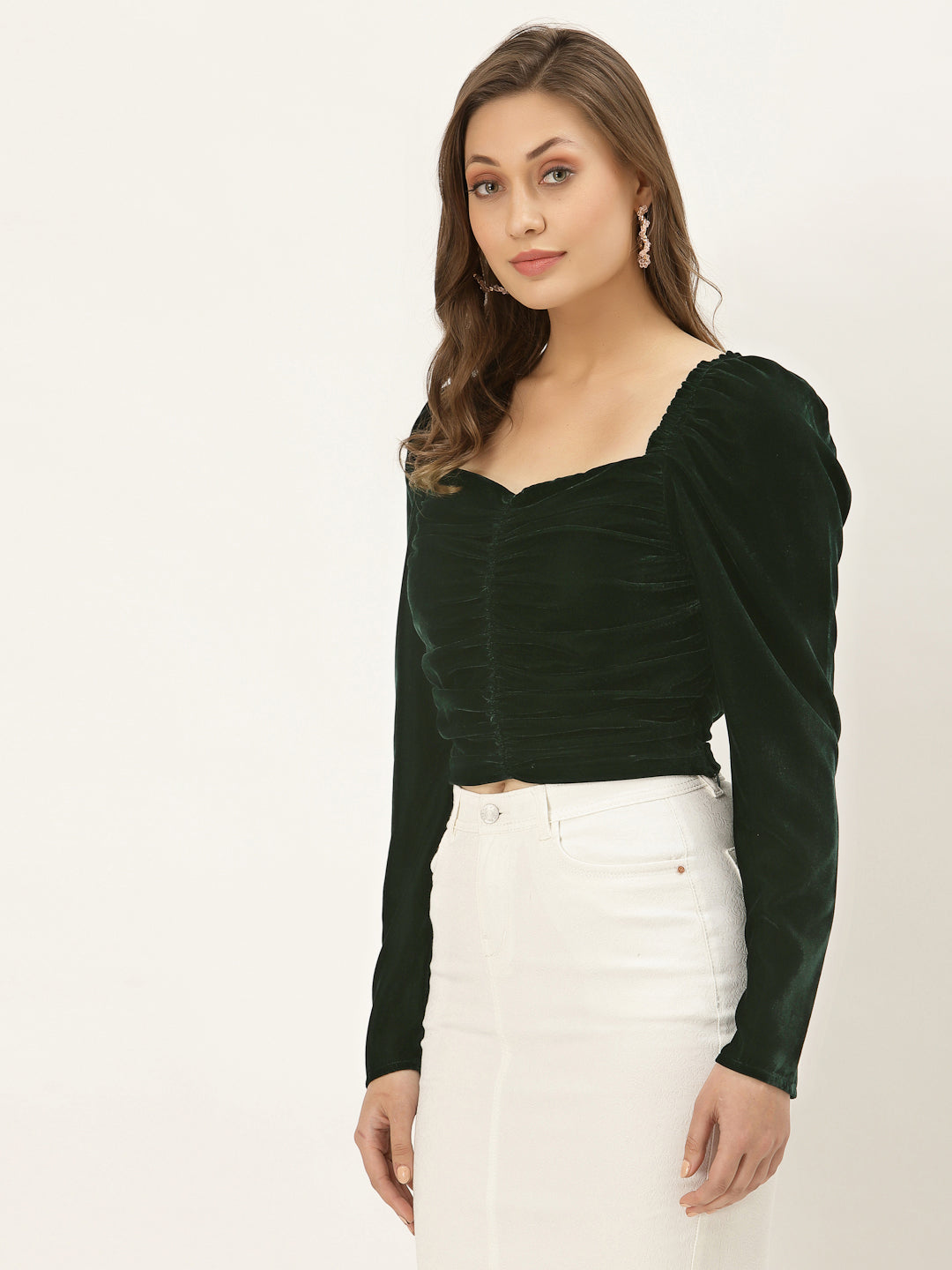 Blanc9 Green Velvet Puffed Sleeve Top-B9TP131B