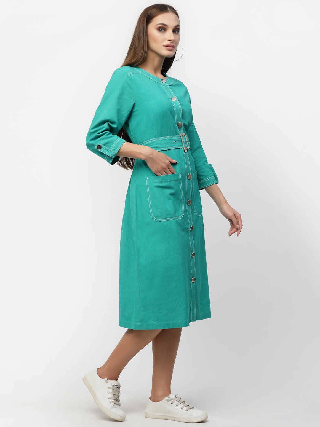 Blanc9 Green With Silver Buckle Belt Dress-B9DR118