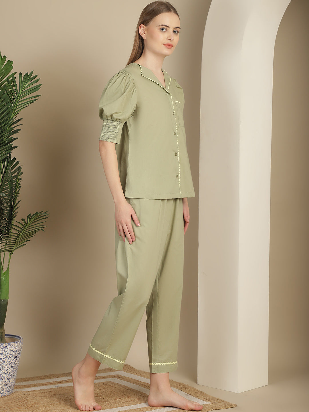 Blanc9GreenWithlightgreenLaceCottonPyjamaNightSuit-B9NW33GN