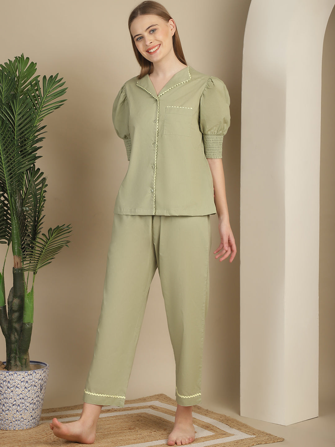 Blanc9GreenWithlightgreenLaceCottonPyjamaNightSuit-B9NW33GN