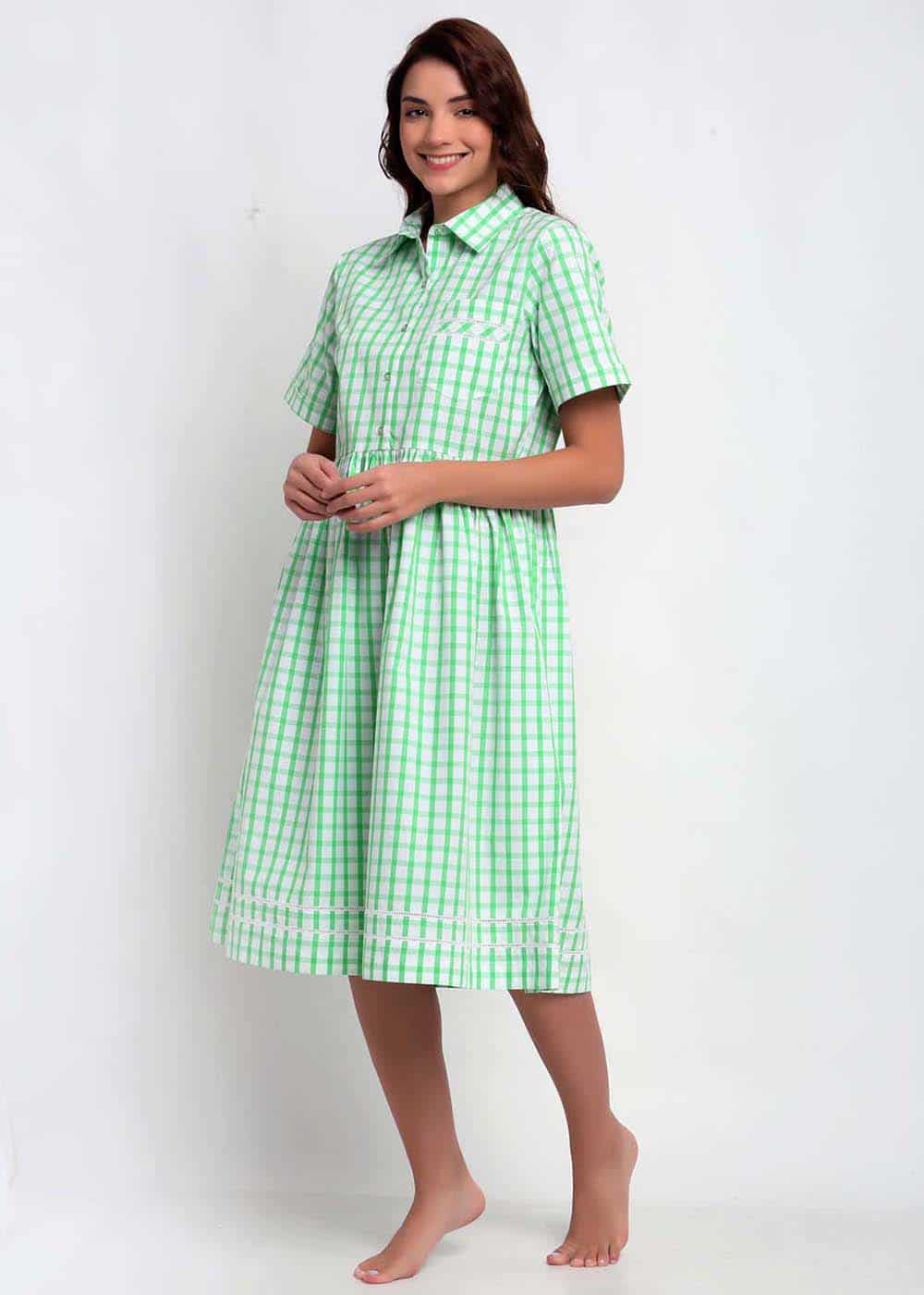 Blanc9 Green and White Checks Night Dress-B9NW21A