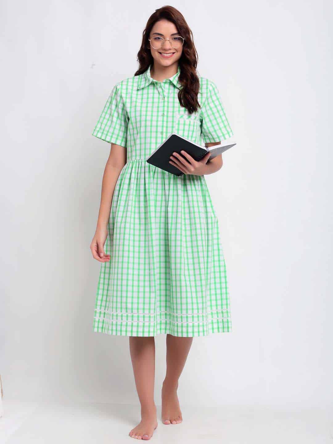 Blanc9 Green and White Checks Night Dress-B9NW21A