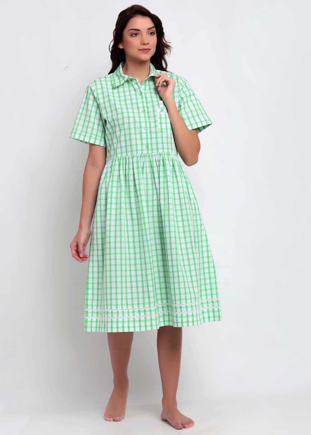 Blanc9 Green and White Checks Night Dress-B9NW21A