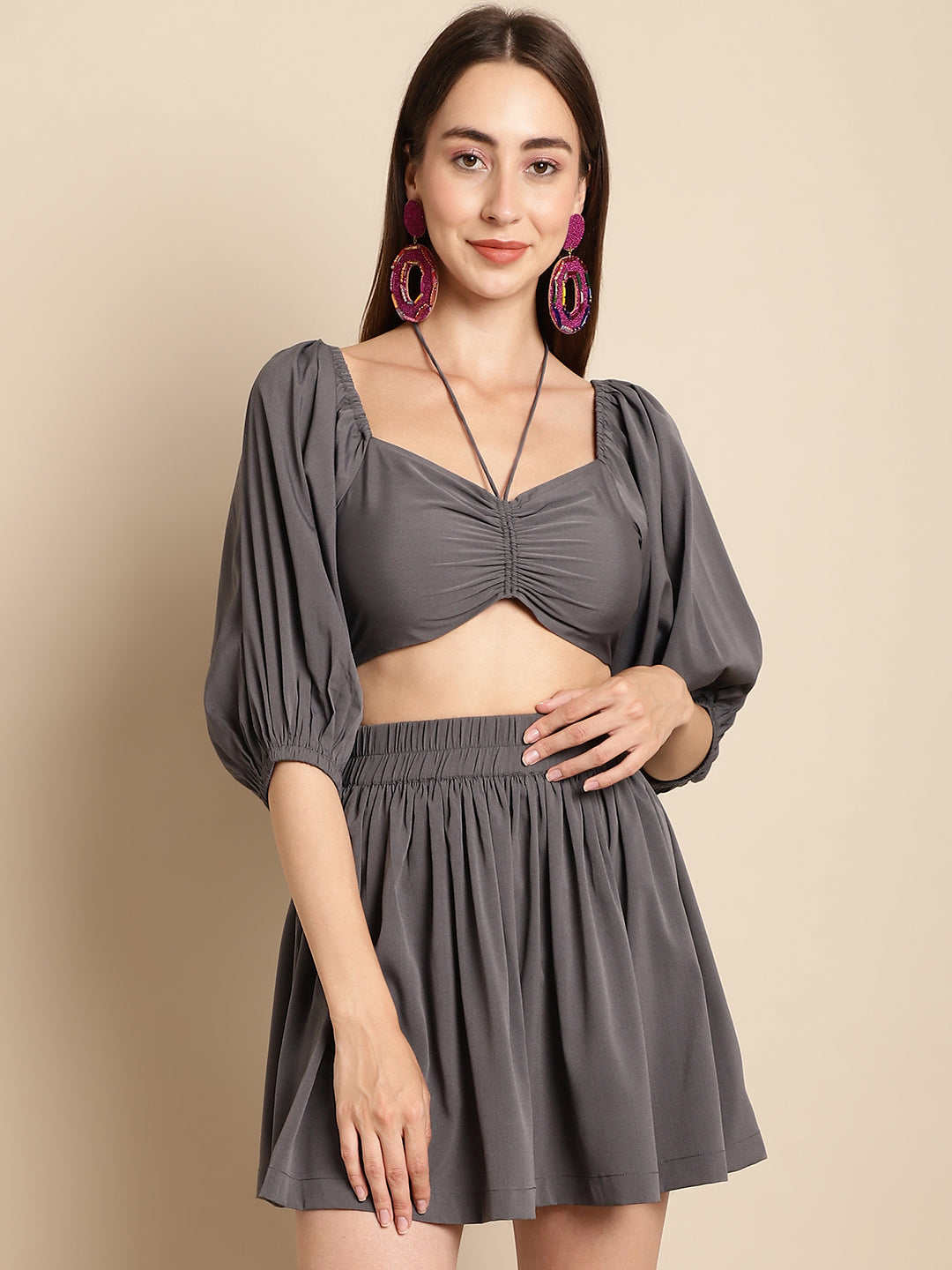 Blanc9 Grey Mini Skirt With Top Co-Ord Set-B9ST131