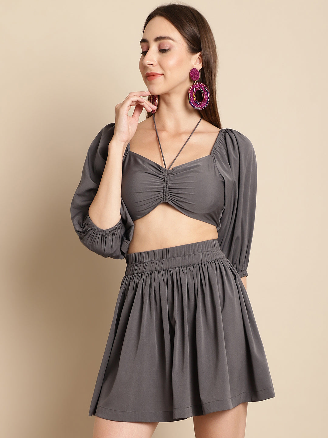 Blanc9 Grey Mini Skirt With Top Co-Ord Set-B9ST131