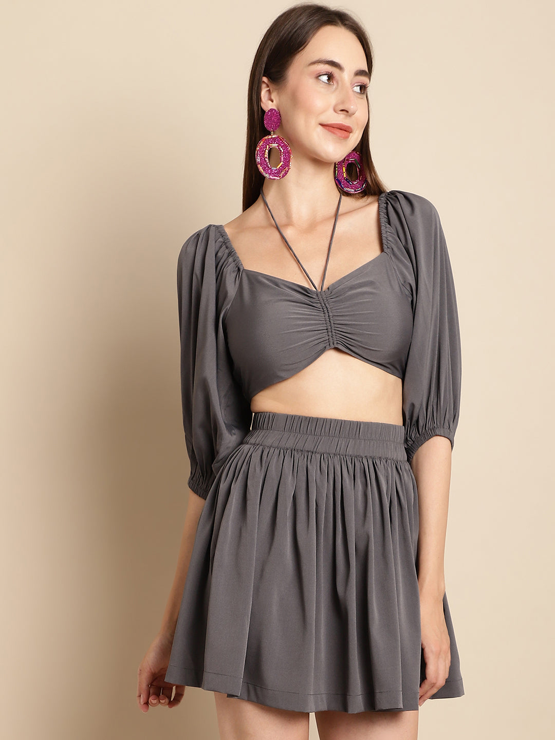 Blanc9 Grey Mini Skirt With Top Co-Ord Set-B9ST131