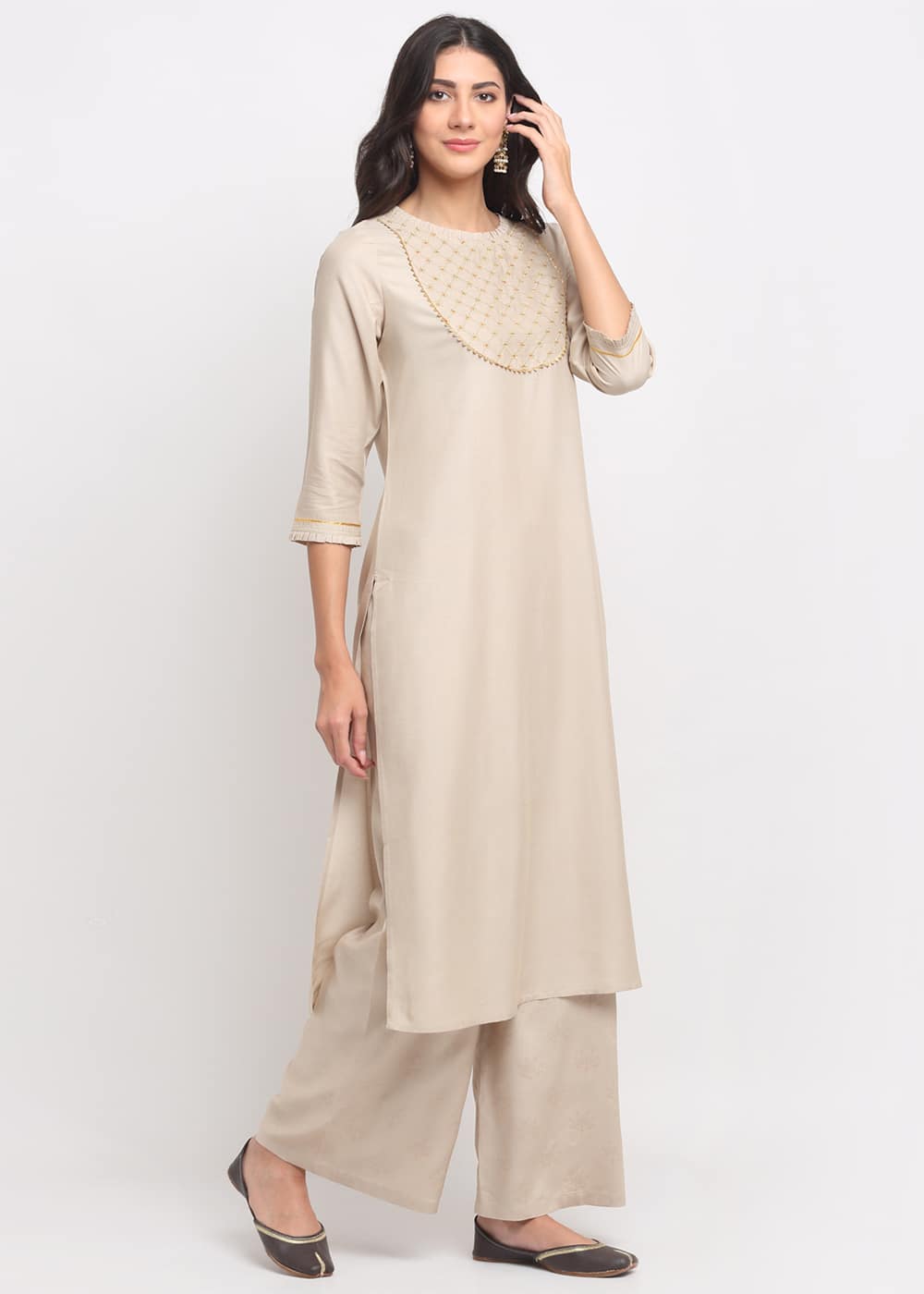 Blanc9 Grid Embroidered Yoke Kurti-B9FV07B