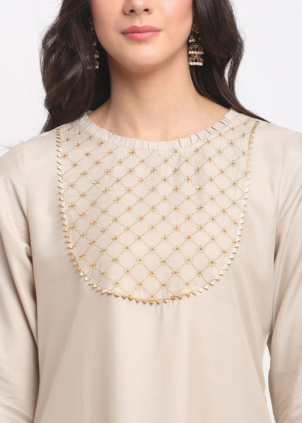 Blanc9 Grid Embroidered Yoke Kurti-B9FV07B