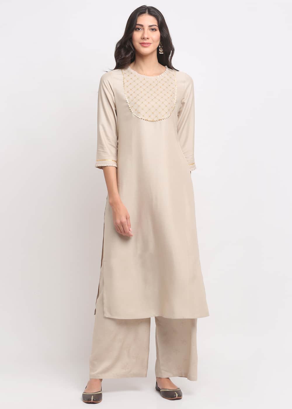Blanc9 Grid Embroidered Yoke Kurti-B9FV07B