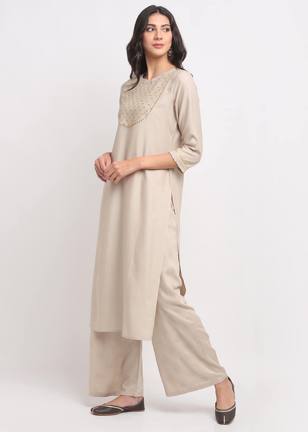 Blanc9 Grid Embroidered Yoke Kurti-B9FV07B