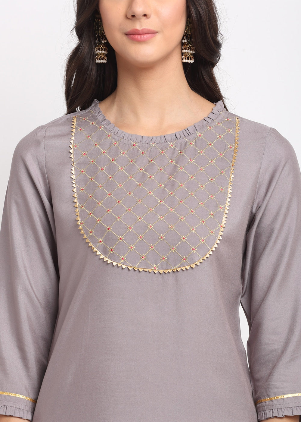 Blanc9 Grid Embroidered Yoke Kurti-B9FV07G