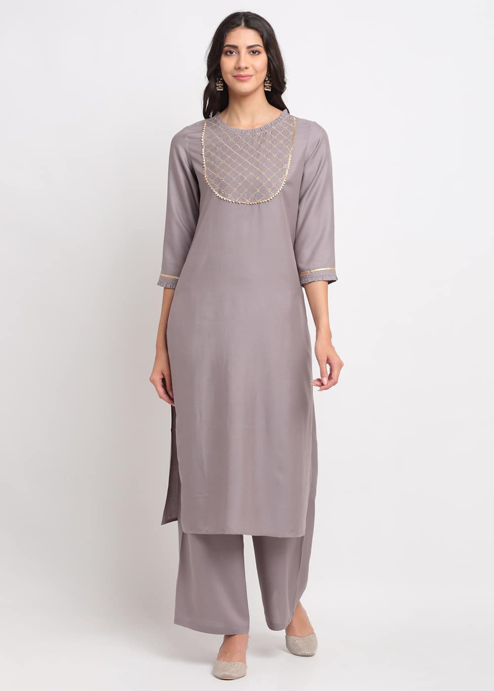 Blanc9 Grid Embroidered Yoke Kurti-B9FV07G