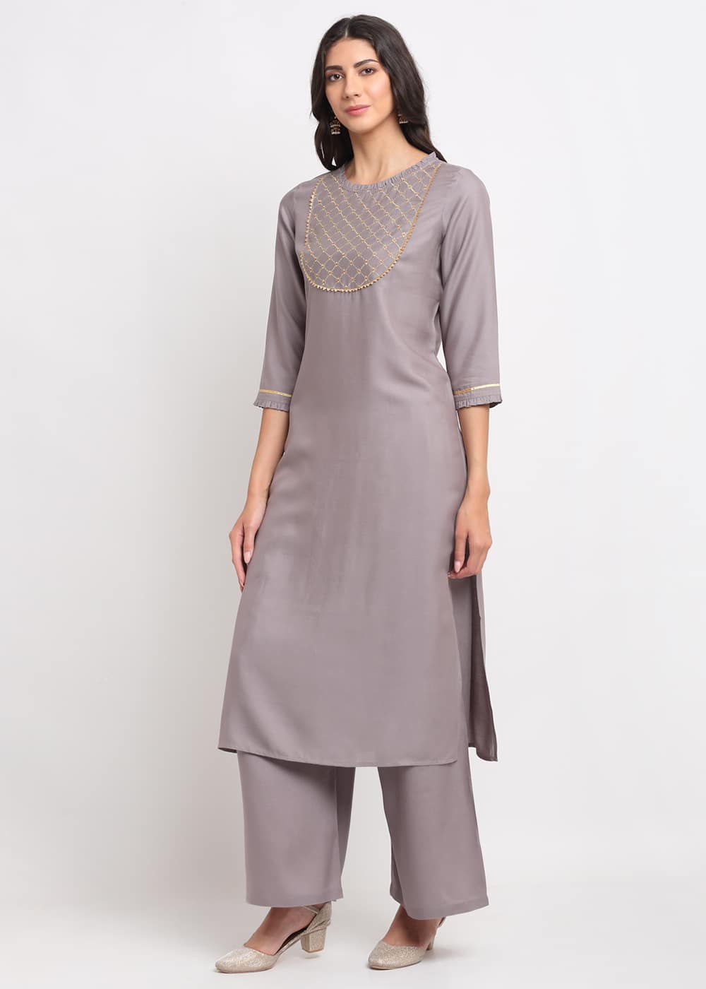 Blanc9 Grid Embroidered Yoke Kurti-B9FV07G