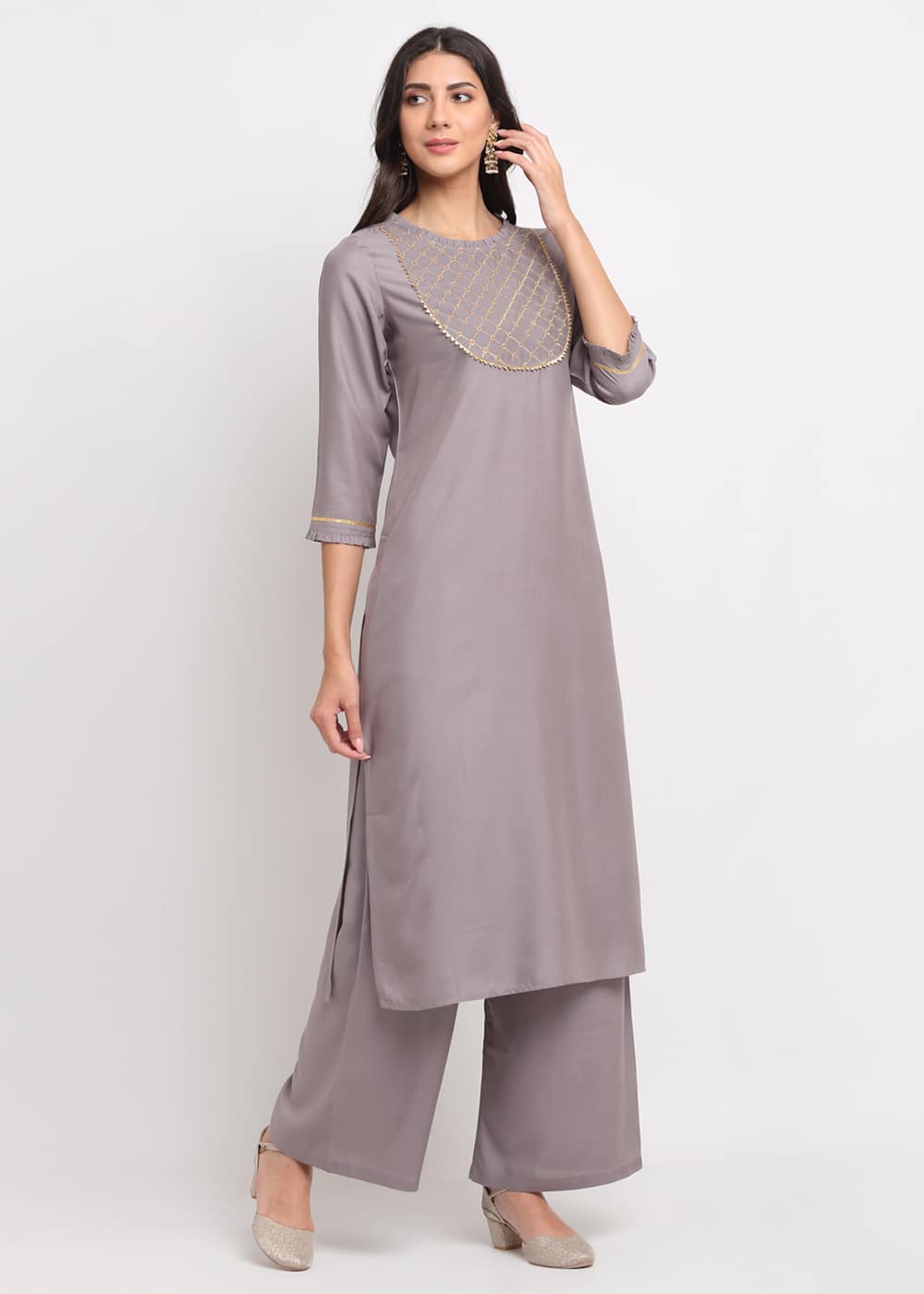 Blanc9 Grid Embroidered Yoke Kurti-B9FV07G