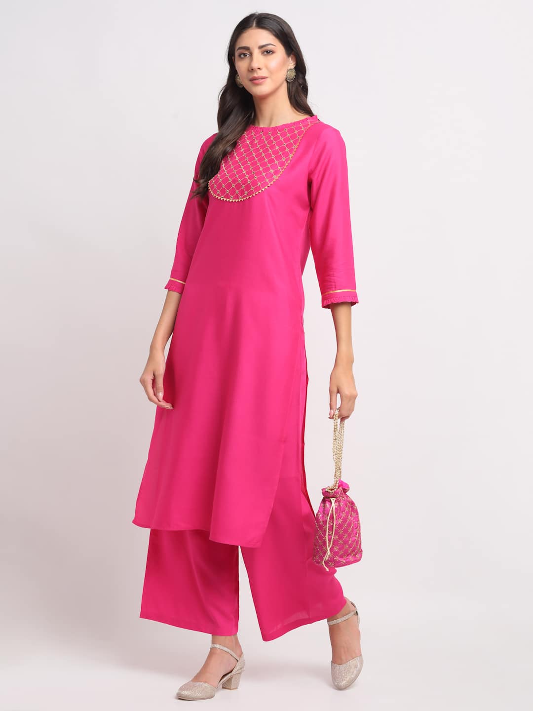 Blanc9 Grid Embroidered Yoke Kurti-B9FV07P